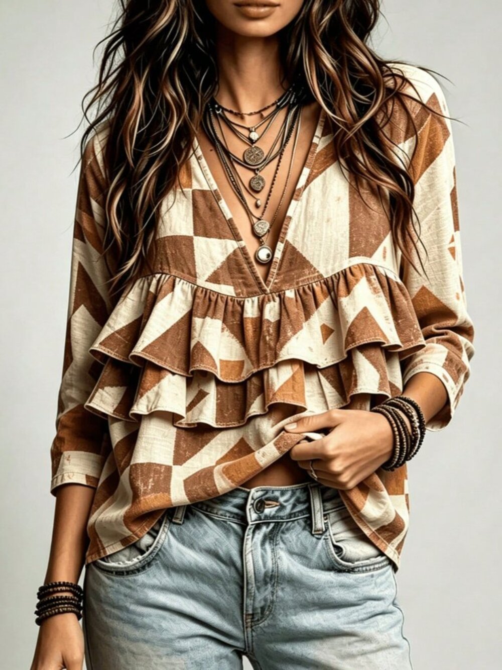 Multicolor Casual Sexy Women's Deep V Neck Ruffle Tiered Top